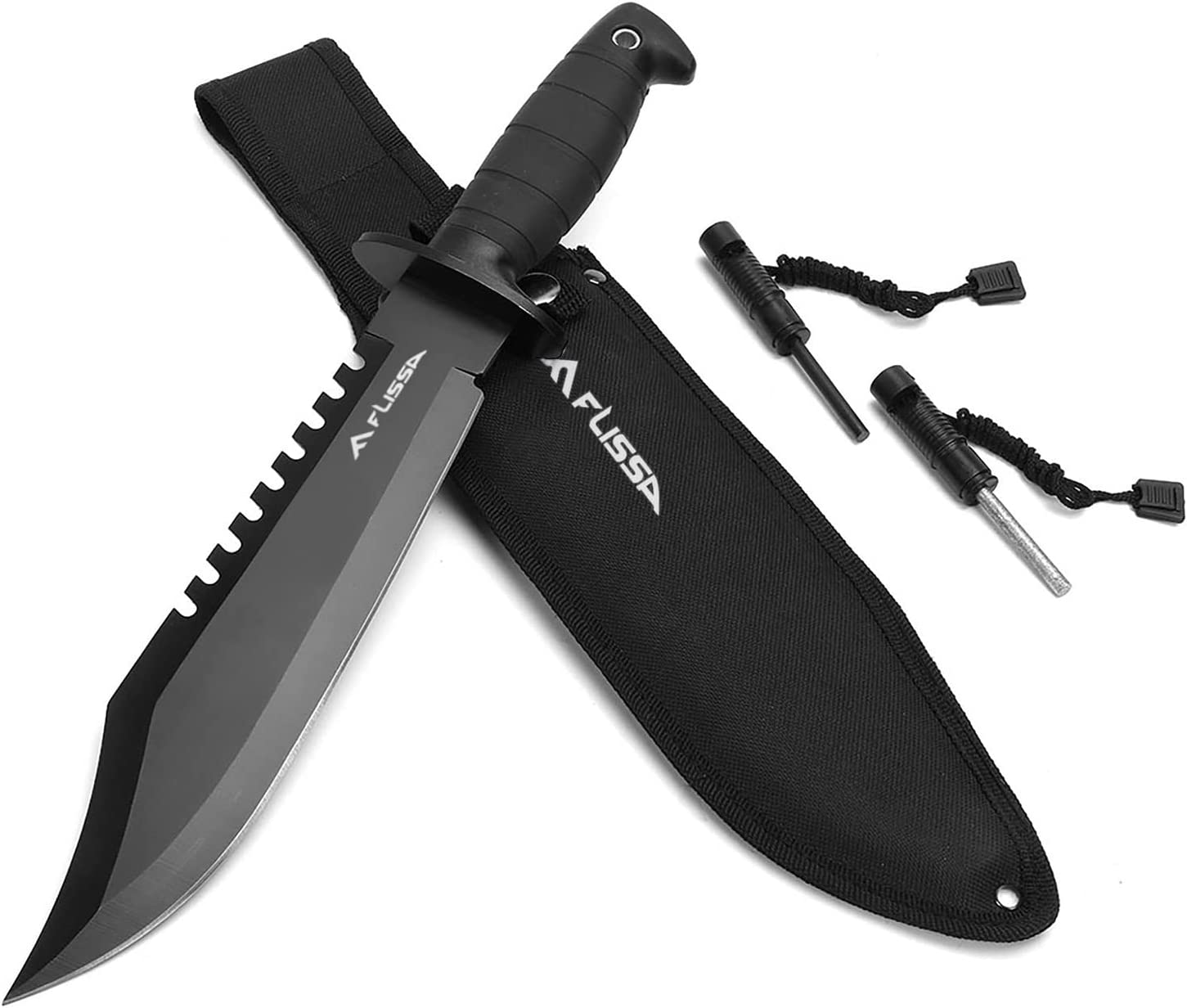 Flissa Survival Hunting Knife with Fixed Blade Tactical Bowie Knife with Sharpener & Fire Starter