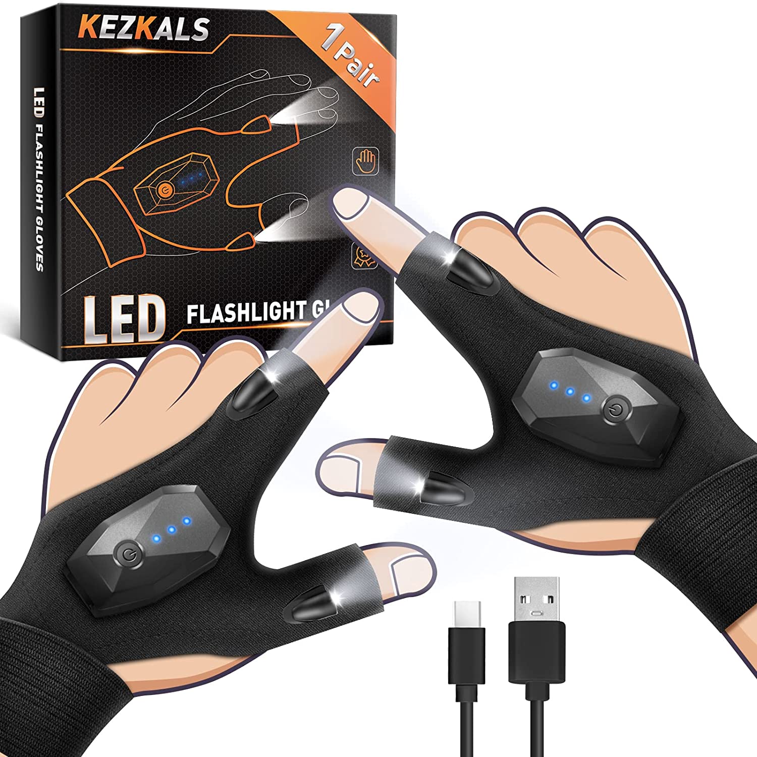 KEZKALS Gifts for Dad, Rechargeable LED Flashlight Gloves,